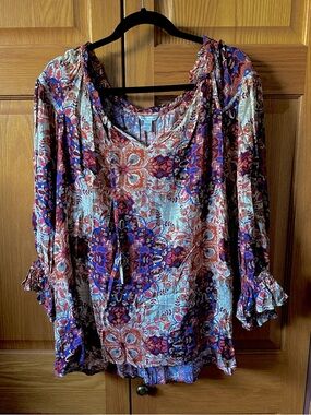 Cato Cream, Rust & Purple Floral Peasant Tunic
